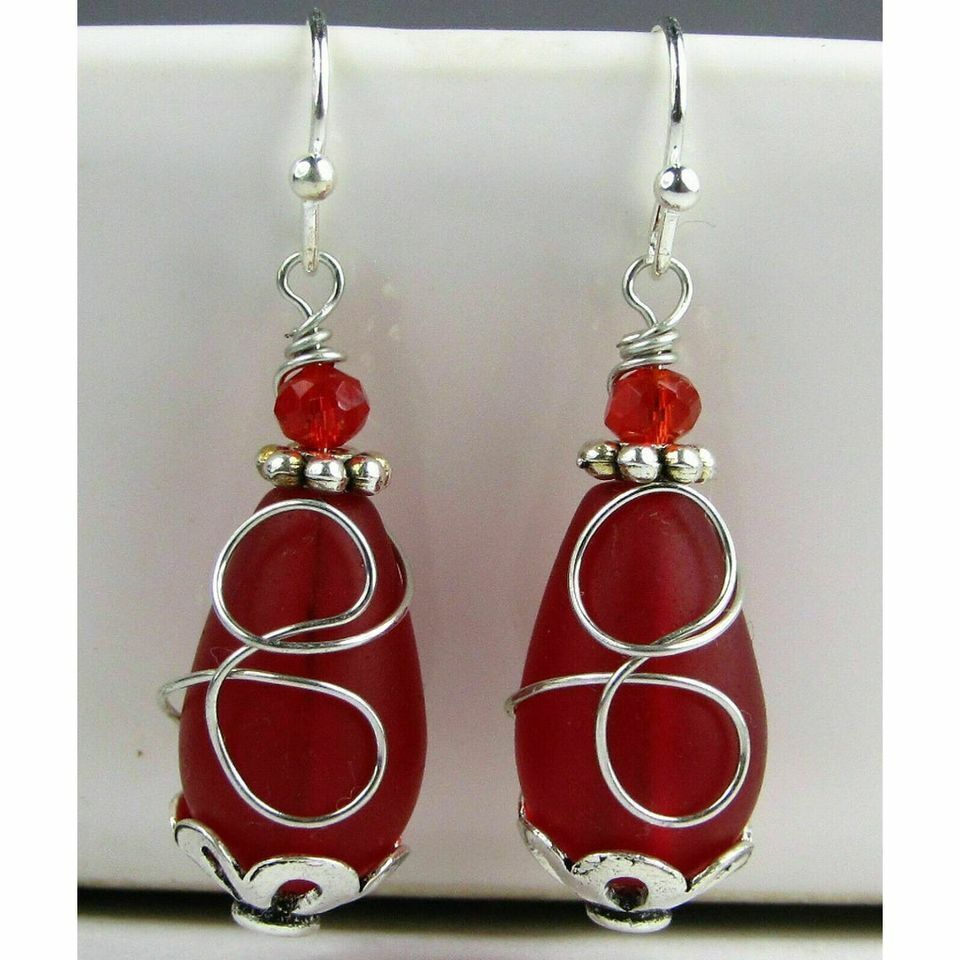 Teardrop-Shaped Frosted Sea Glass Dangle Earrings, Beach Fashion, Sea Jewelry