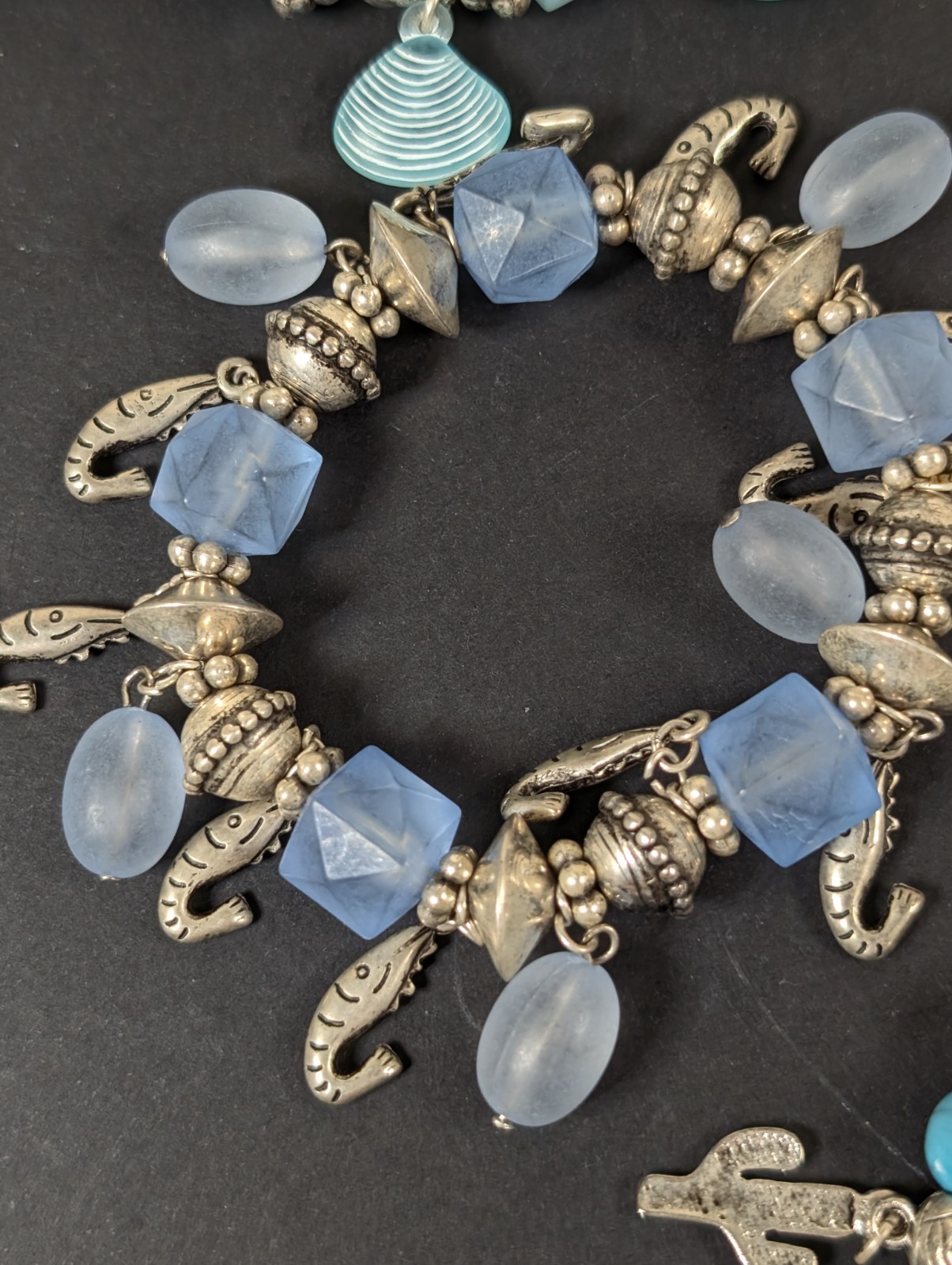5 Beachy Beaded Bracelets Lot Silver Tone Metal Beads With Charms Fish Shrimp
