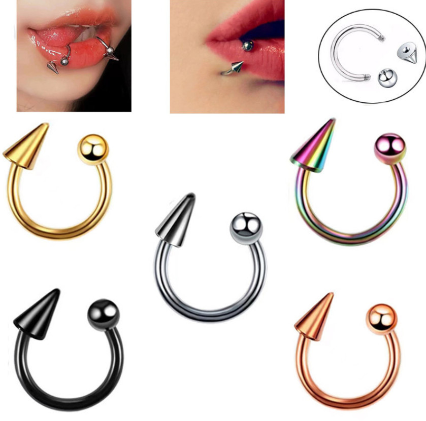 2Pcs Stainless Steel Piercing Earrings Mouth Barbells Horseshoe Rings Spike S9