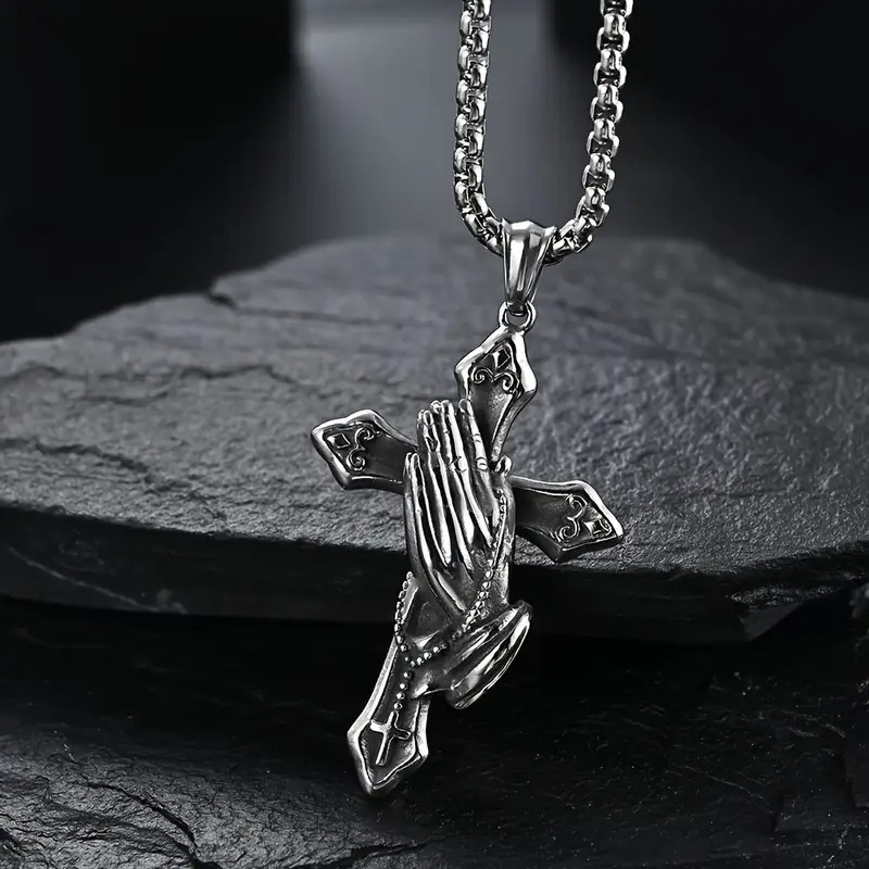 Praying Hands Cross Pendant Necklace Chain Faith Gift Mens Stainless Steel 24″