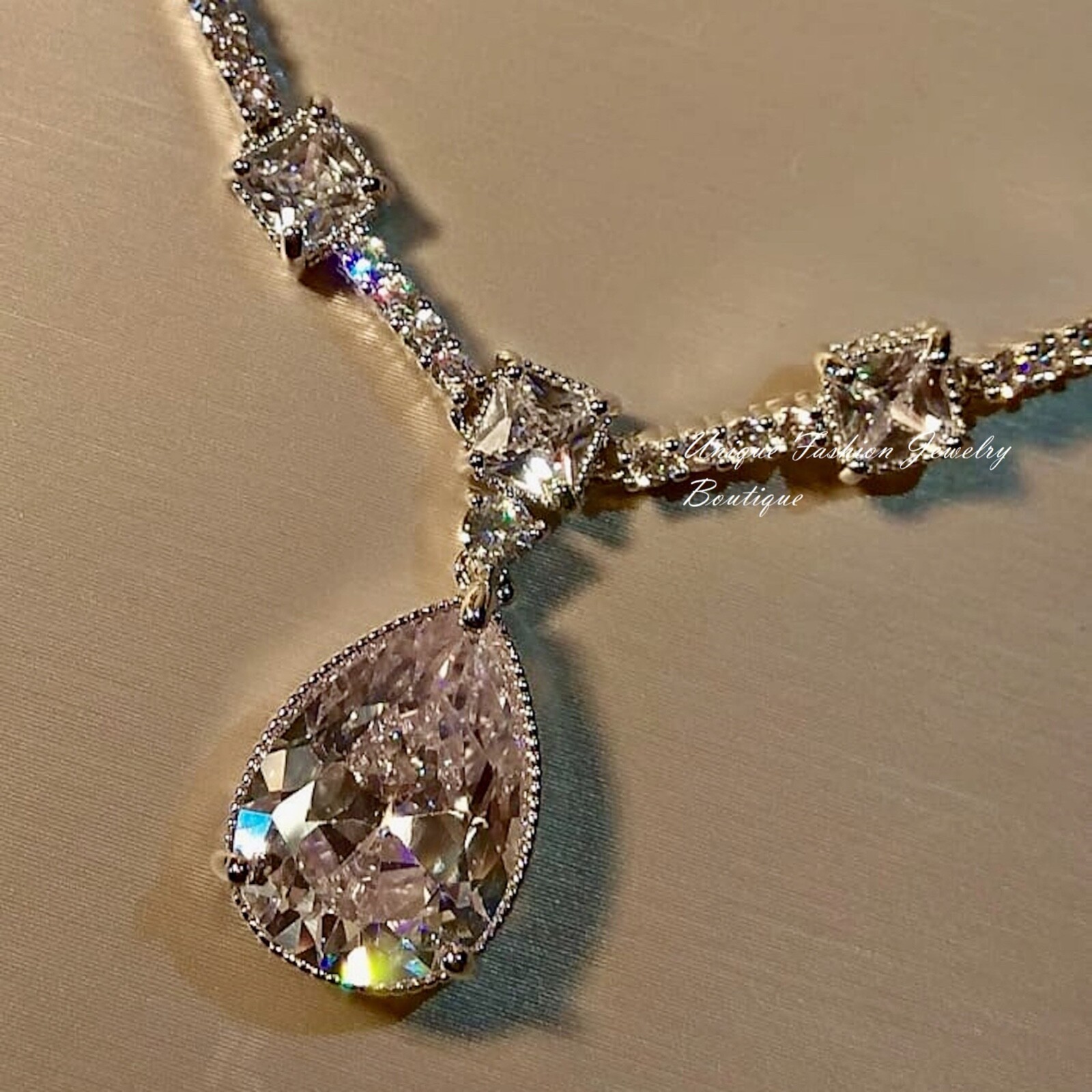 18k Platinum Plated Lab-Created White Sapphire Diamond Necklace Earrings Set