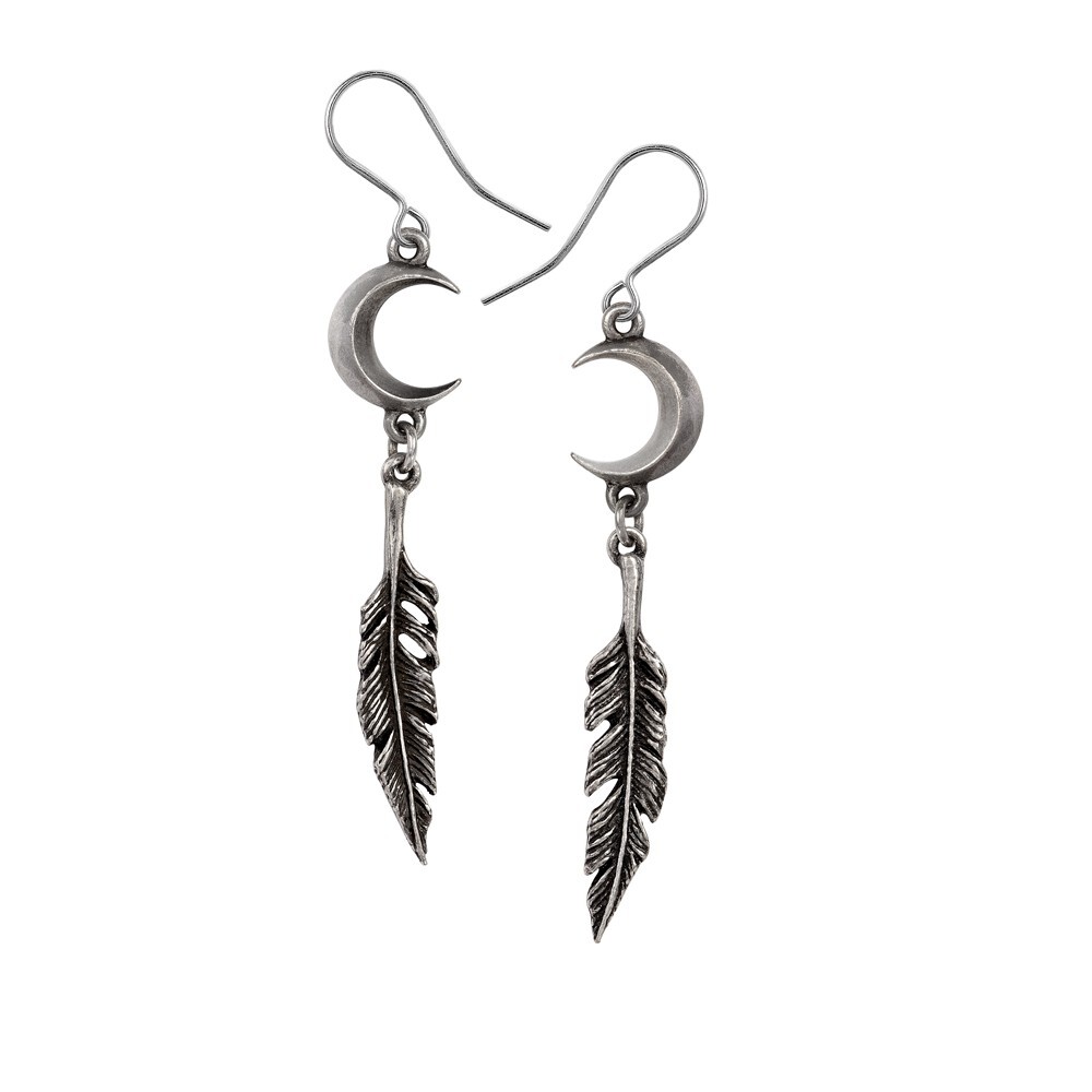 Alchemy Gothic Pagan Dream Catcher Earrings Moon Feathers Witch Fine Pewter E467