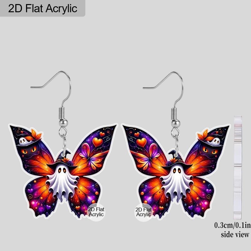 1 Pair of Women’s Halloween 2D Acrylic Butterfly Earrings with Ghost Witch Hat