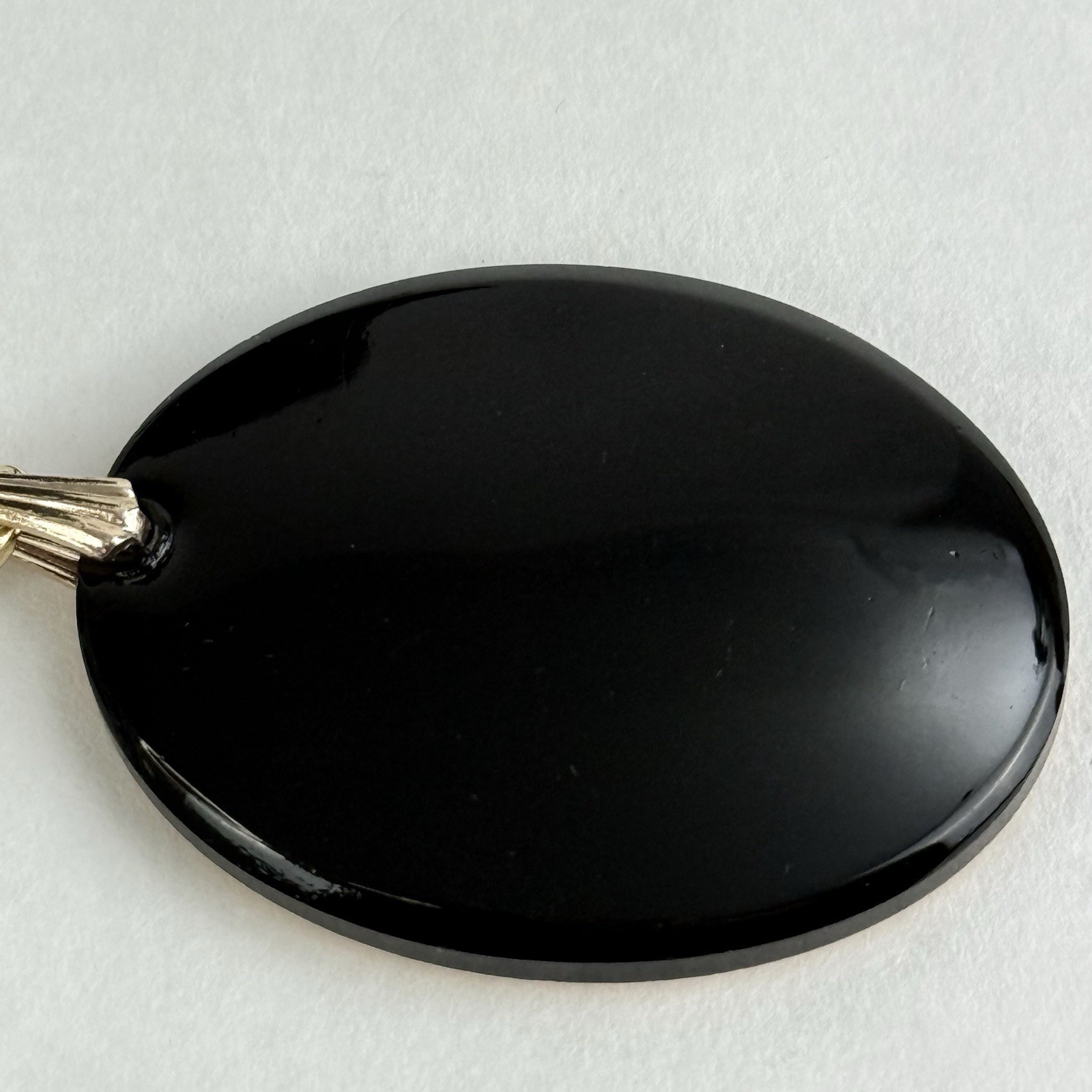 Vtg 3 Graces Pendant Necklace with Gold Tone Greek Key Rim on Black Glass 70s