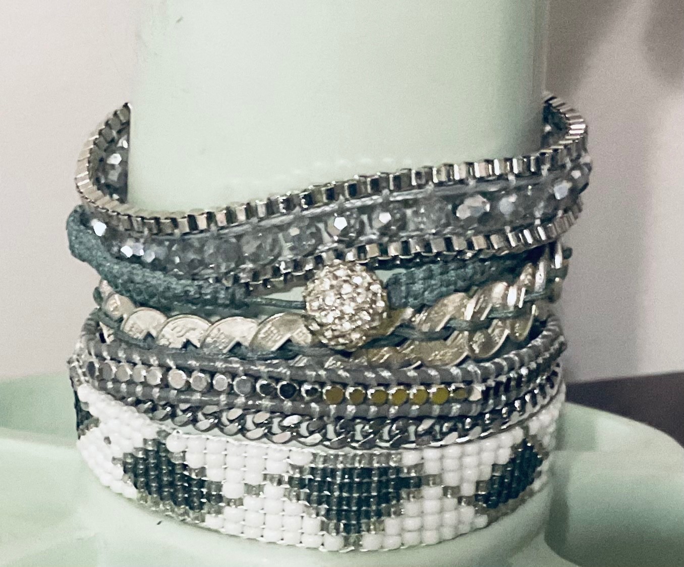 Victoria Emerson Bracelet Silver Tone Crystal Beaded Chain Cuff