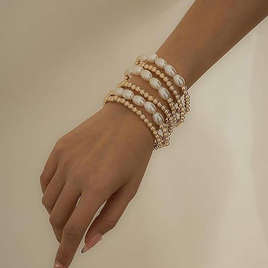 Gold Pearl Beaded Enewton Bracelets for Women,Gold Pearl Stackable Stretch Bead