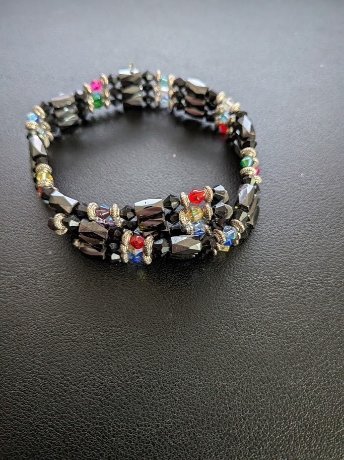Magnetic Beaded Wrap Statement Bracelet Three Strand Black Red Silver 10” Long