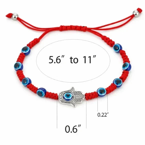 Adjustable Red Rope Bracelet – Blue Evil Eye & Hamsa Hand Charm