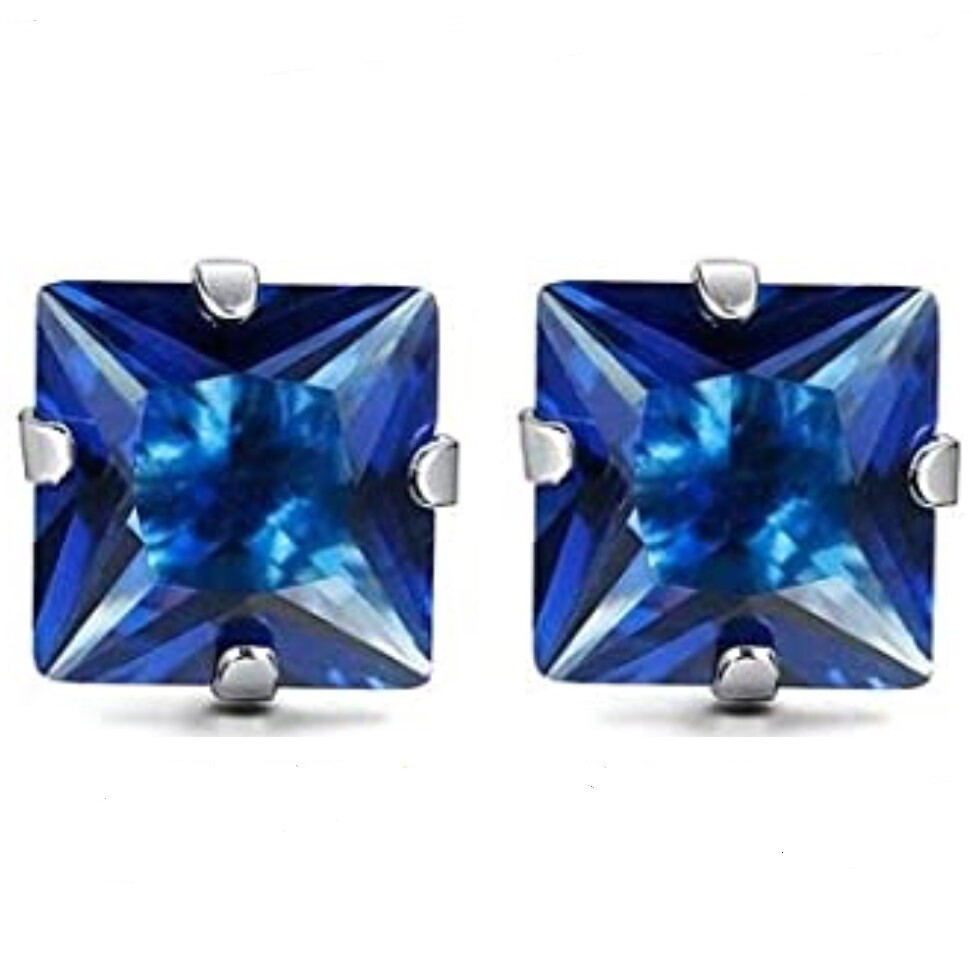 3/4/5/6mm Square CZ Sapphire Stud Earrings, September Birthstone Blue, Stainless