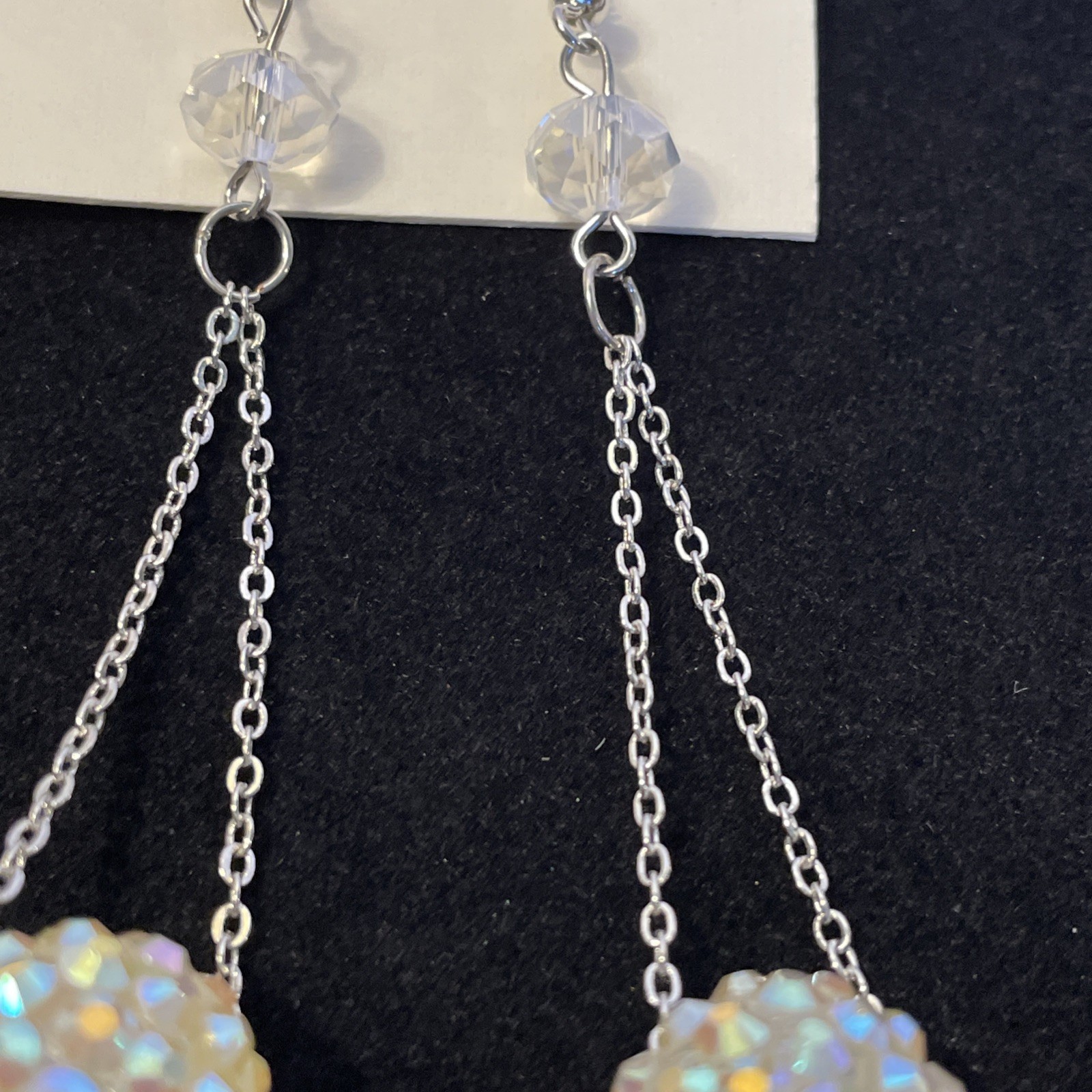 Sparkle White Disco Ball Shamballa Dangle Earrings Silver Tone 3.5 in Chain Drop