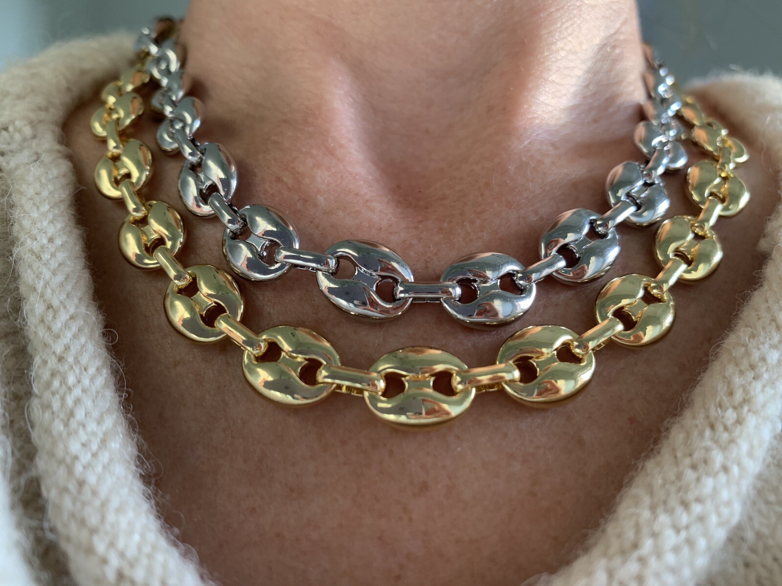 14k White gold Plated Puffy Puffed Anchor Mariner Link Chain Necklace 1cm thick
