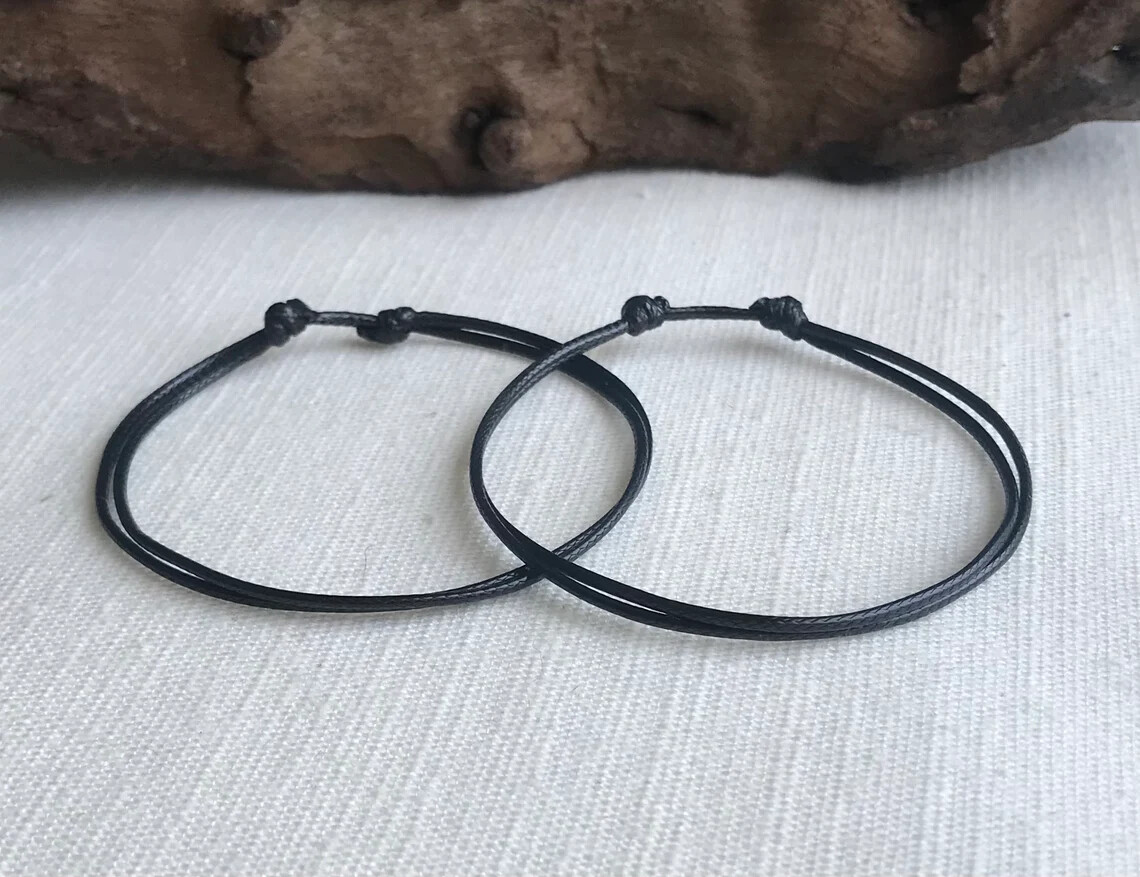 Black 1mm Durable Polyester Cord Adjustable Bracelet or Anklet Set Friendship