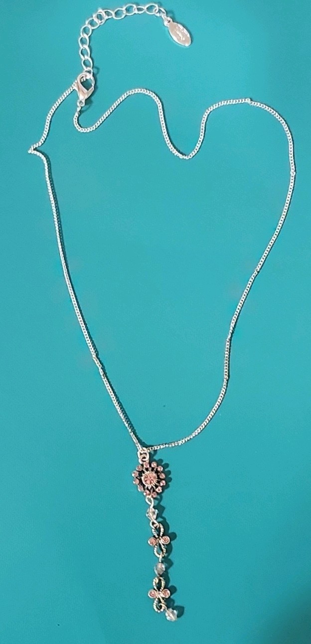 Adult Jewels Silver Tone Y-Drop Necklace, Pink Glass Flower Pendant, Oval Link