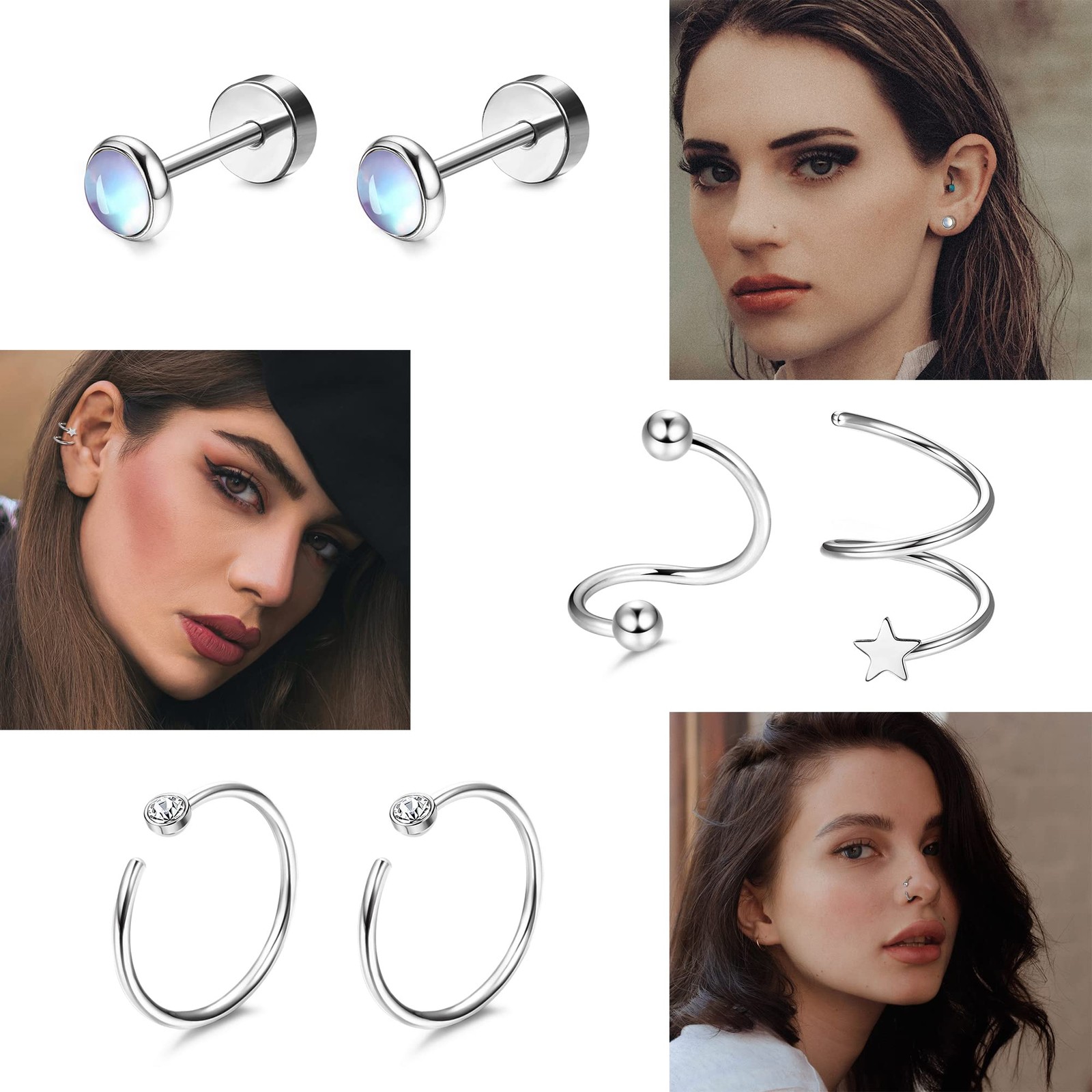 Dochais 25 Pairs Hypoallergenic Flat Back Stud Earrings Set for Women, Silver