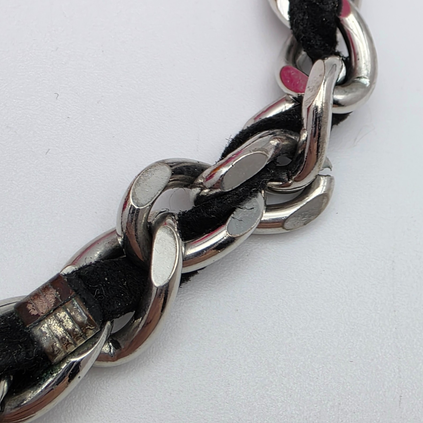 BEBE Silver Tone Heart Choker Necklace Leather Woven Curb Chain Logo 15 in