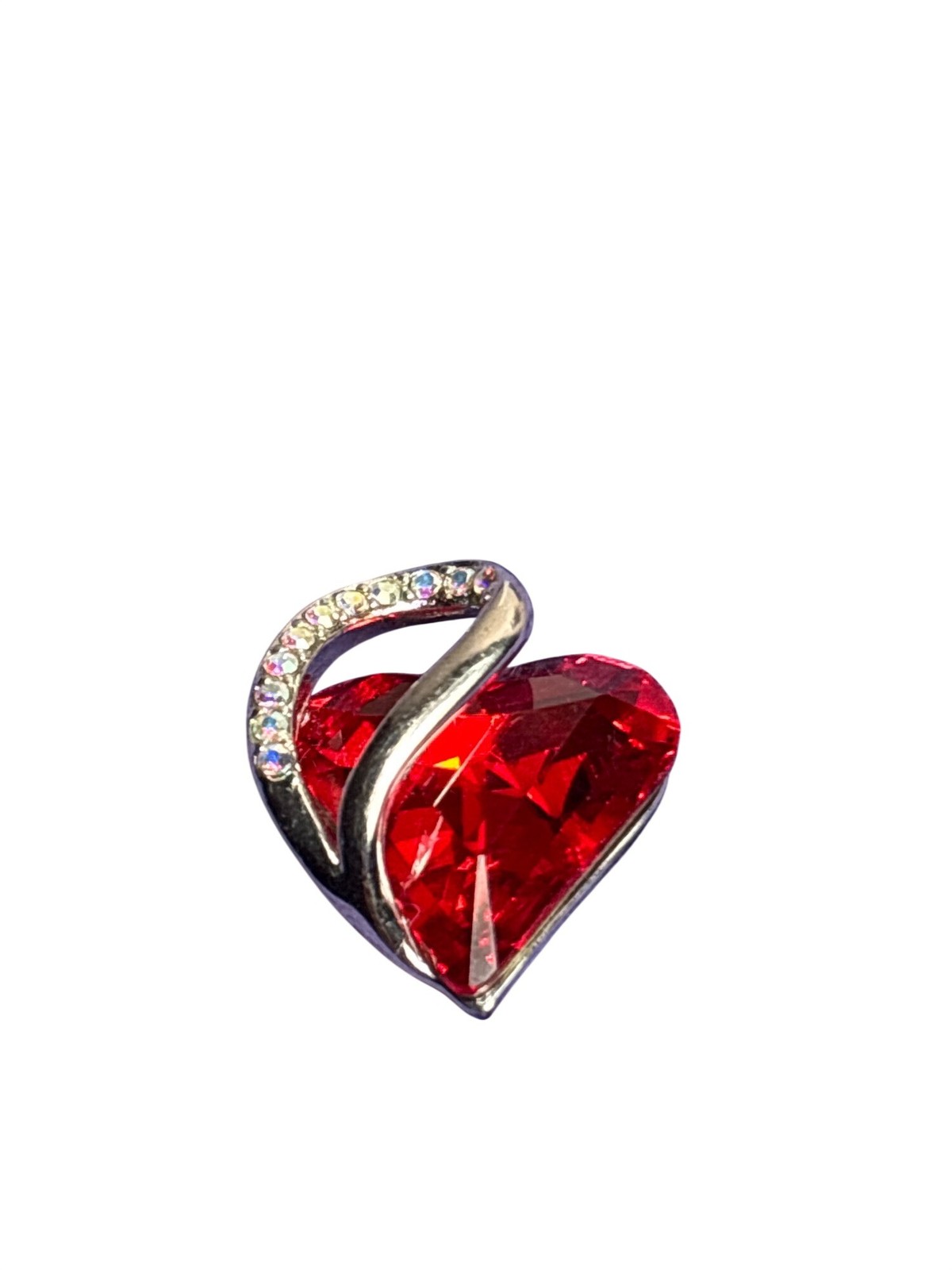 Red Rhinestone Heart Pendant AB Aurora Borealis Rhinestones Silvertone 7/8 inch
