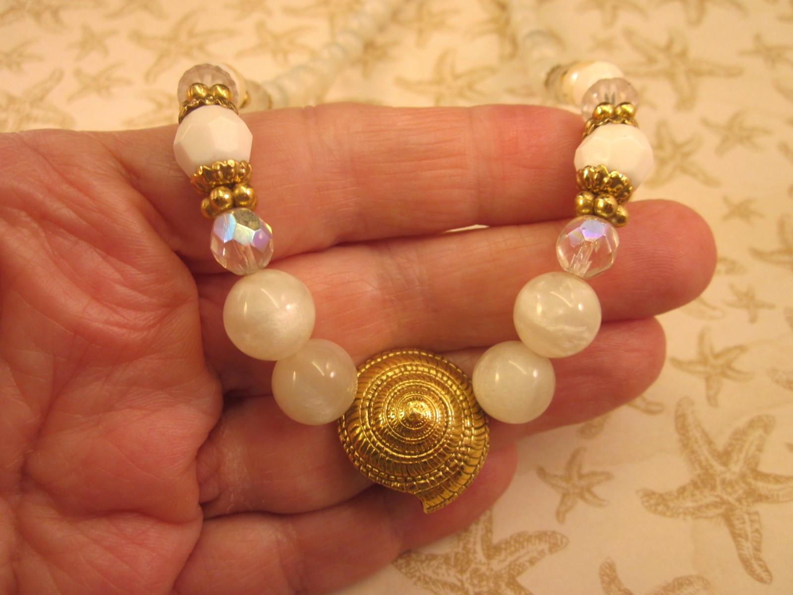 1928 Brand Seashell Pendant Necklace-Glass Crystals-Faux Pearls-15-18″ Gold Tone