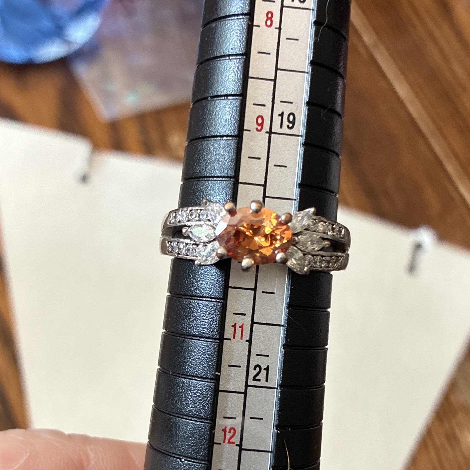 Silver Tone Oval Orange Stone Ring w/ Clear Accent Stones Size 10