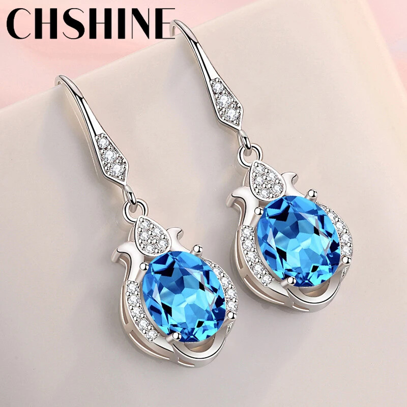 CHSHINE 925 Sterling Silver Water Drop Blue Zircon Earrings Fashion Jewelry
