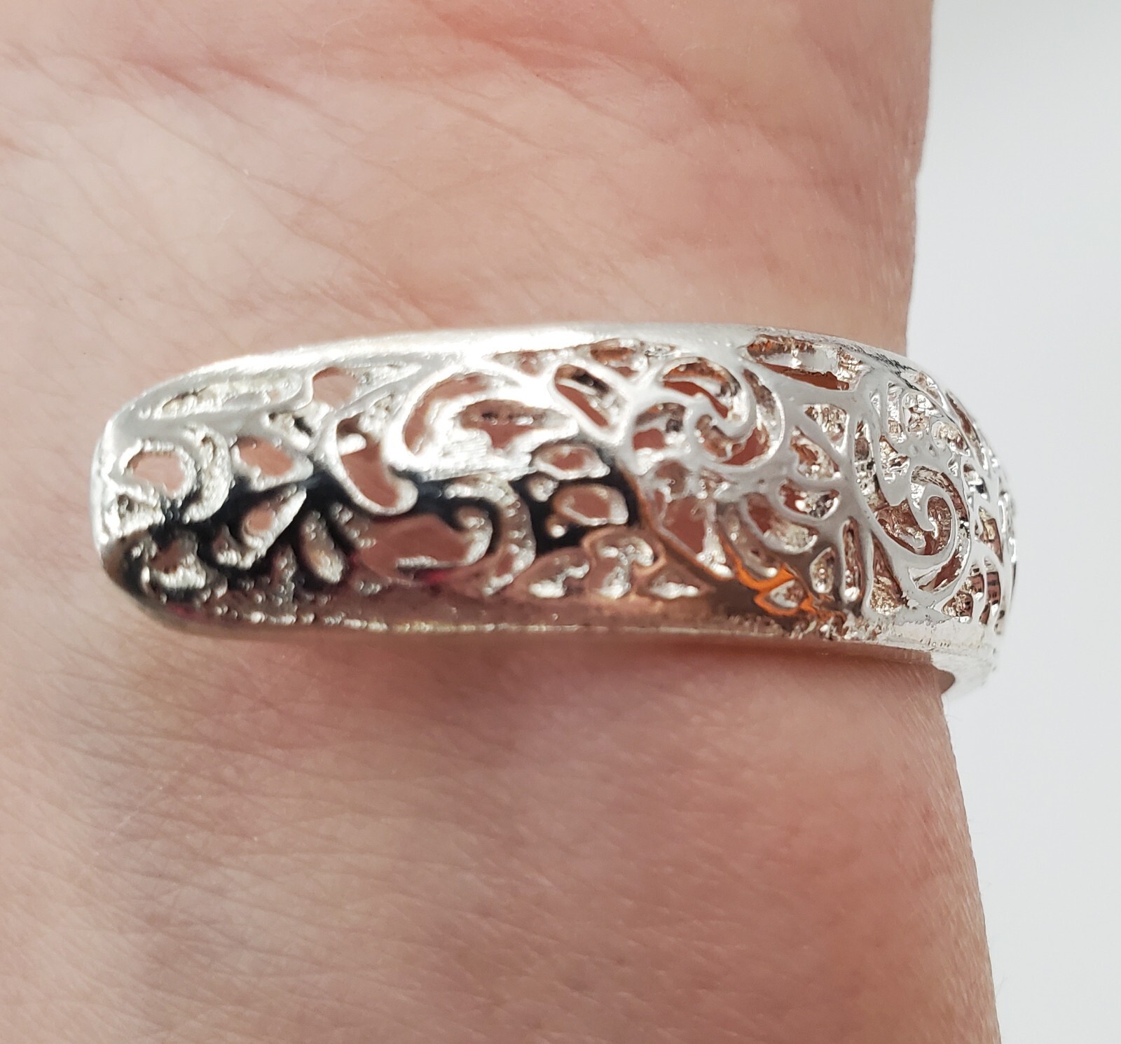 Filagree Cuff Bracelet 6in Polished Silver Tone Metal Small Wrist Snug Fit