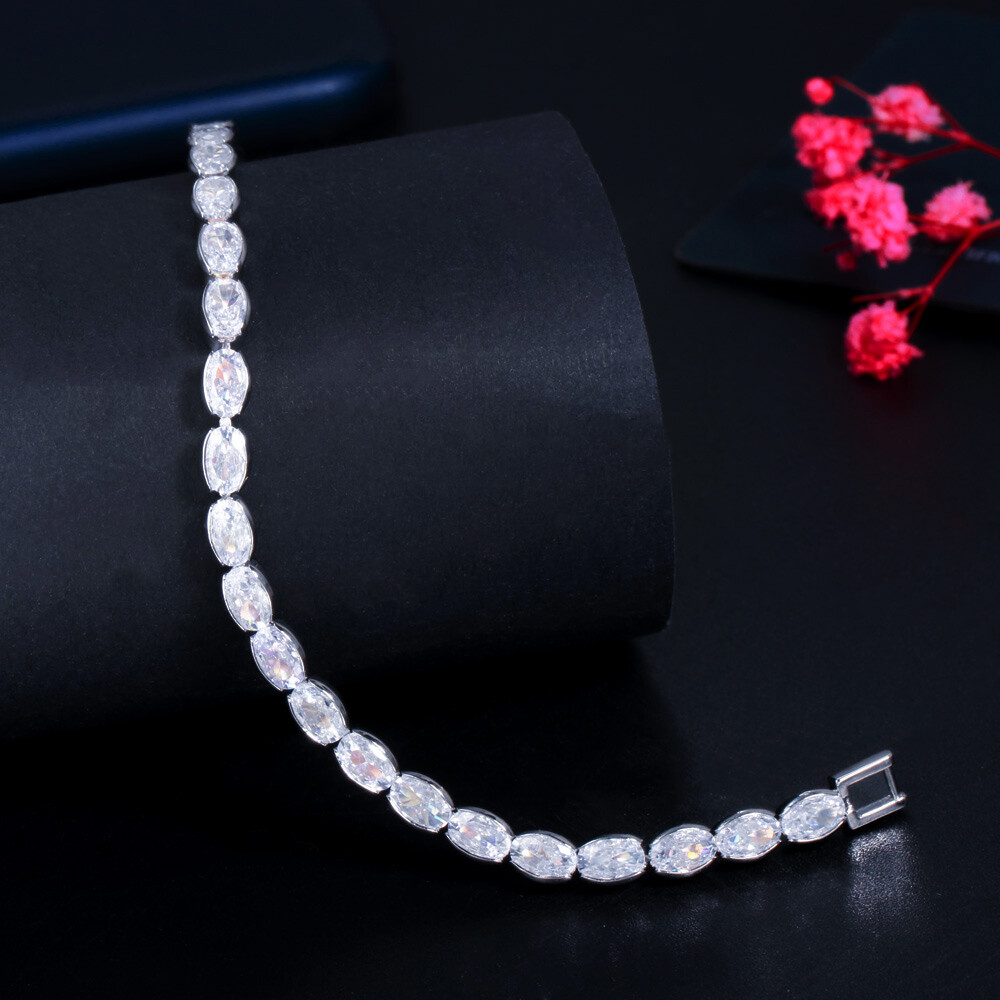 Silver Plated Cubic Zirconia Crystal Oval Bracelet Bridal Pageant Bangle Jewelry