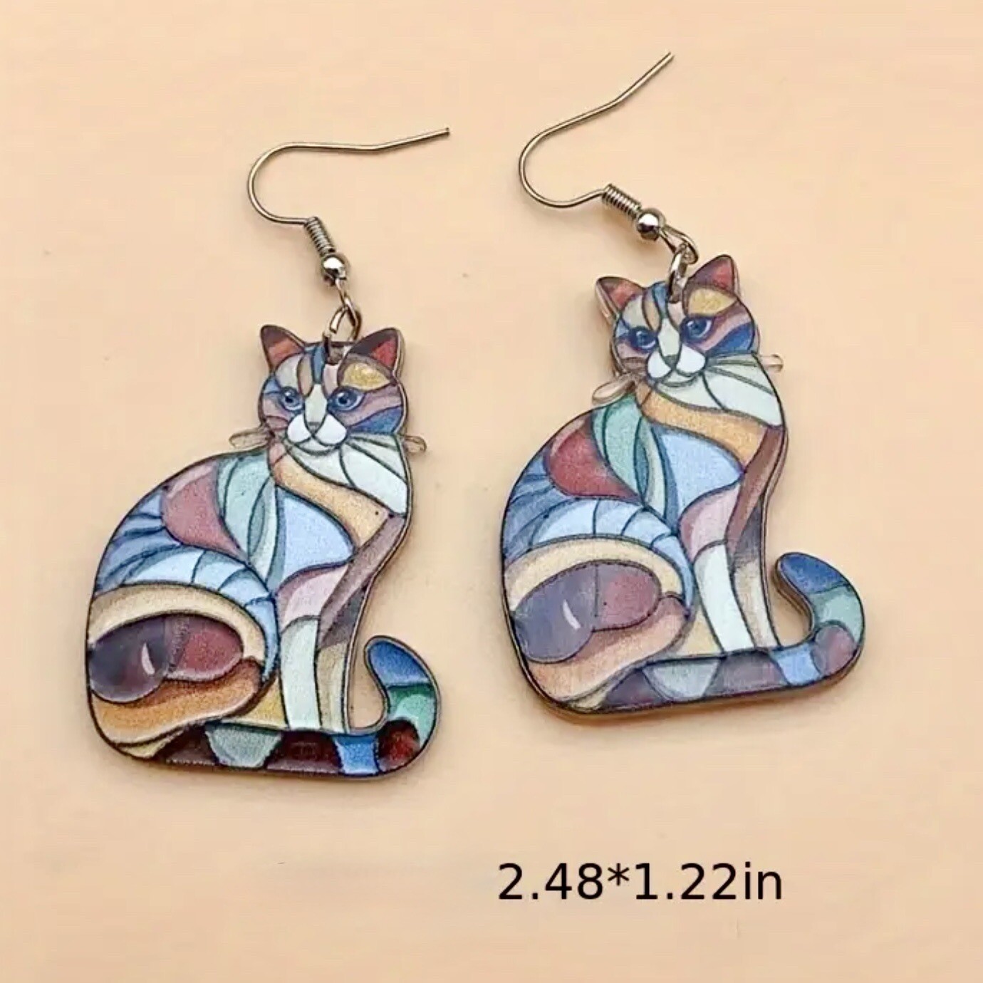 Colorful Stained Glass Cats, Dangling Earrings, 2D Acrylic, alloy metal