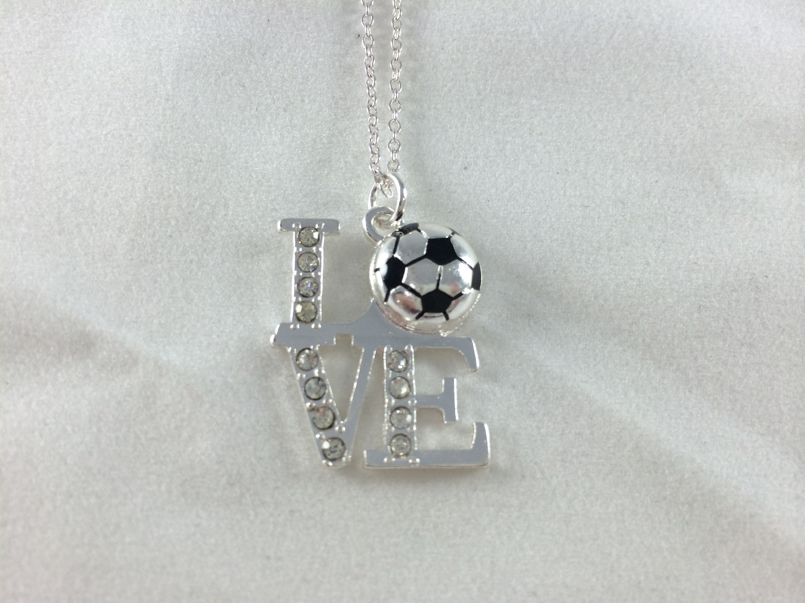 Love Soccer Silver Tone with Rhinestone Accents Pendant Necklace Team