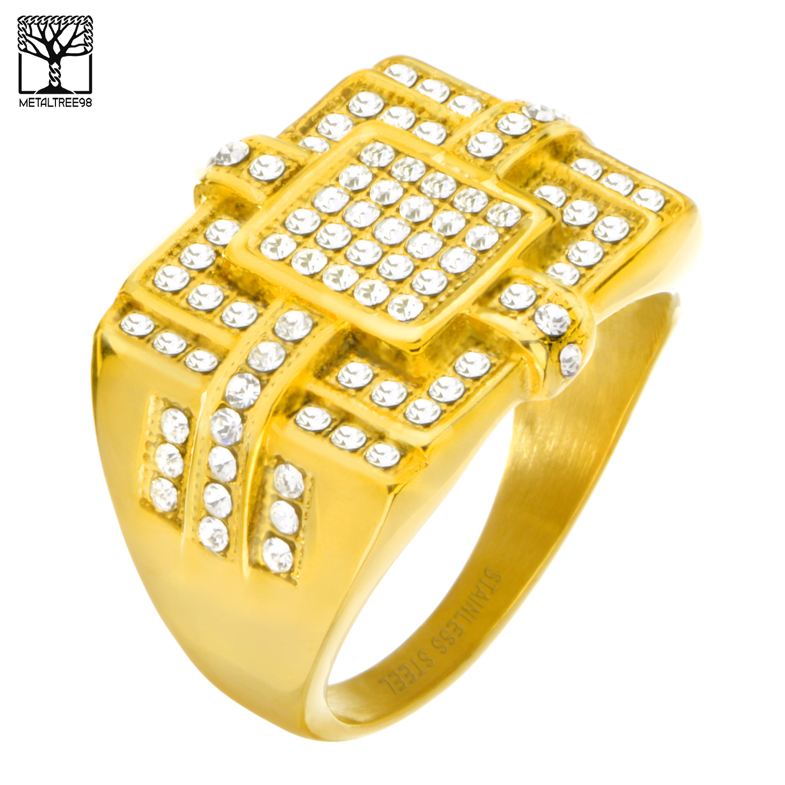Men’s CZ Iced Stone Stainless Steel Gold Plated Band Pinky Rings SSR 304 G