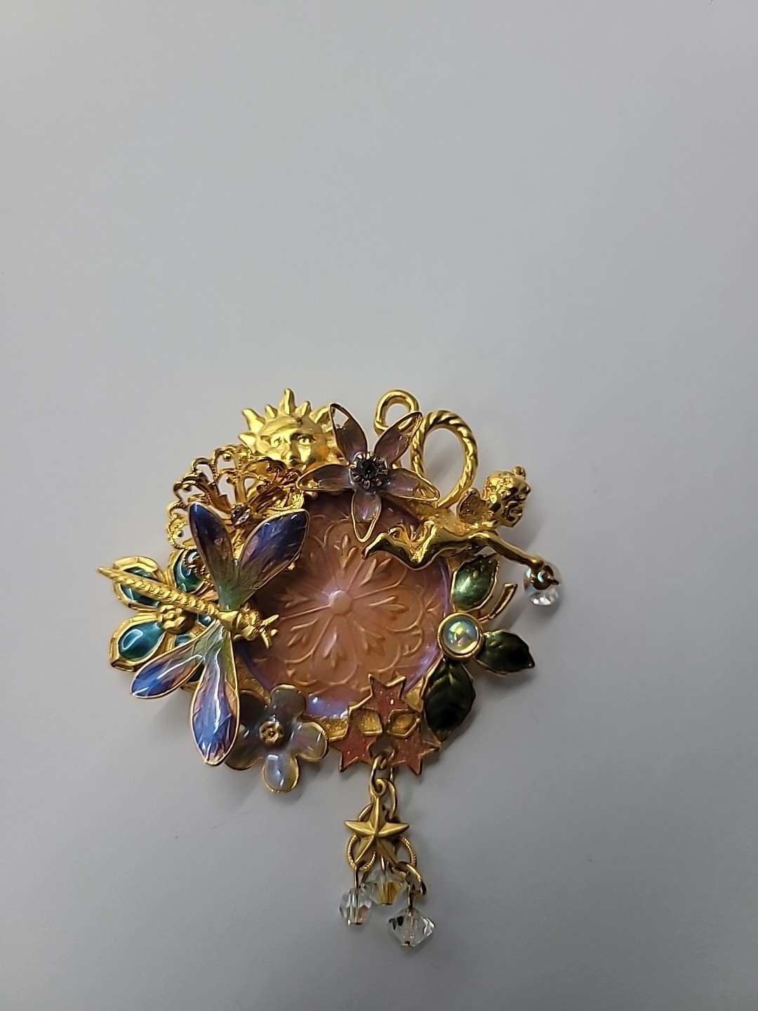 Vintage Kirks Folly Fairy Dragonfly Garden Brooch Iridescent Medallion Retired