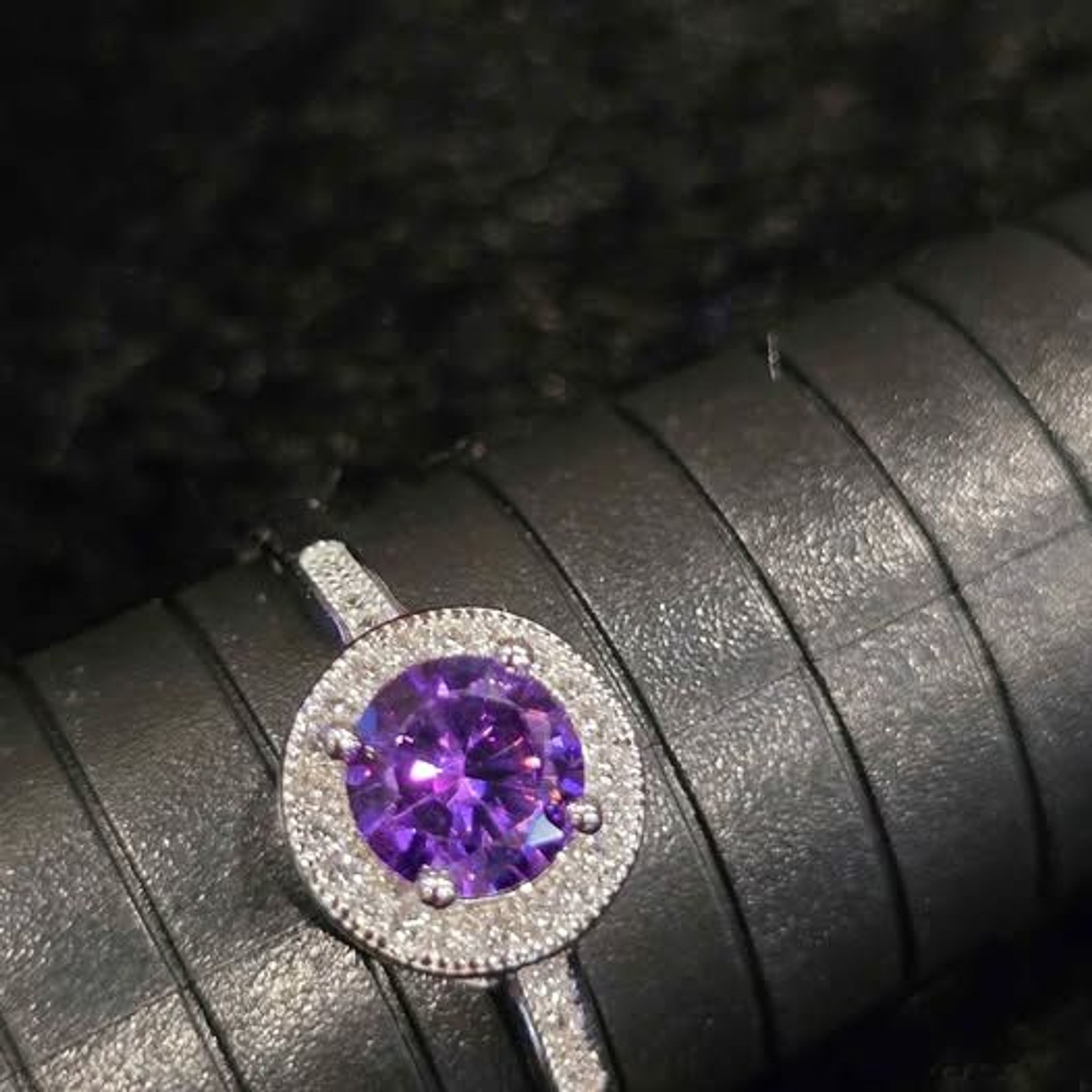 Purple Moissanite Halo Ring in .925 sterling silver. Sz 11.5
