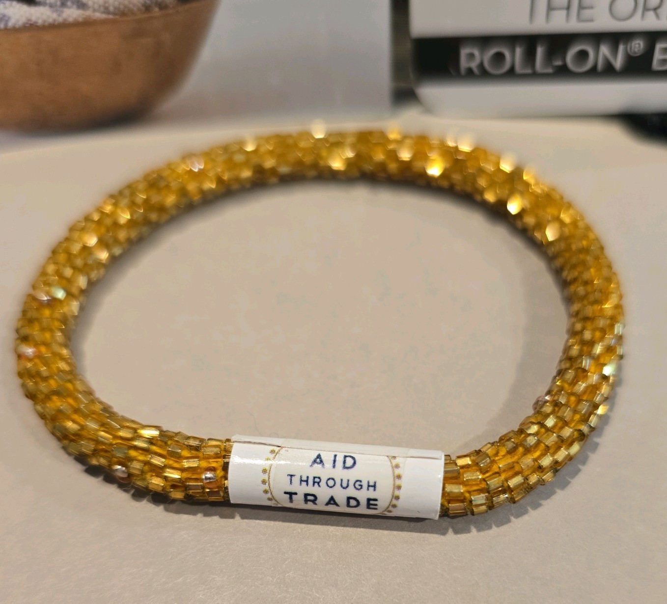 Aid Through Trade Roll-On Beaded Bracelet Gold Nepal Glass Bead Fair Trade NWT