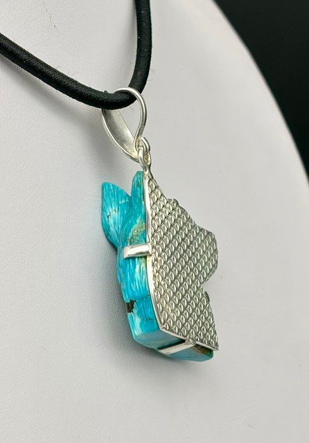 Natural Turquoise Handcrafted Wolf Head Pendant, On A 925 Sterling Silver Base.