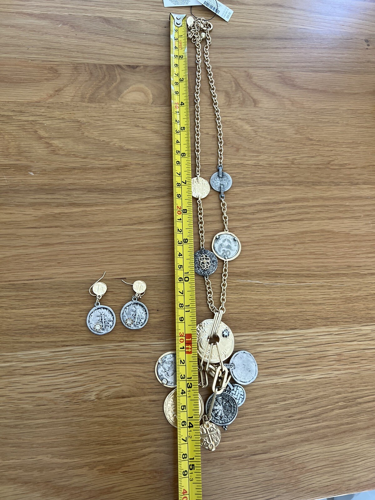 NWT CHICO’S Silver Goldtone Dangle Coins 24″ Necklace & Earrings W101