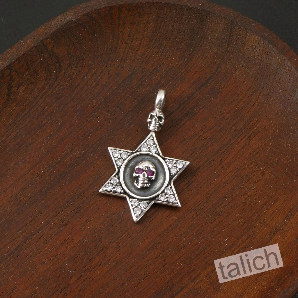 Shiny 925 Sterling Silver Six Pointed Star with Pink CZ Eye Skull Amulet Pendant