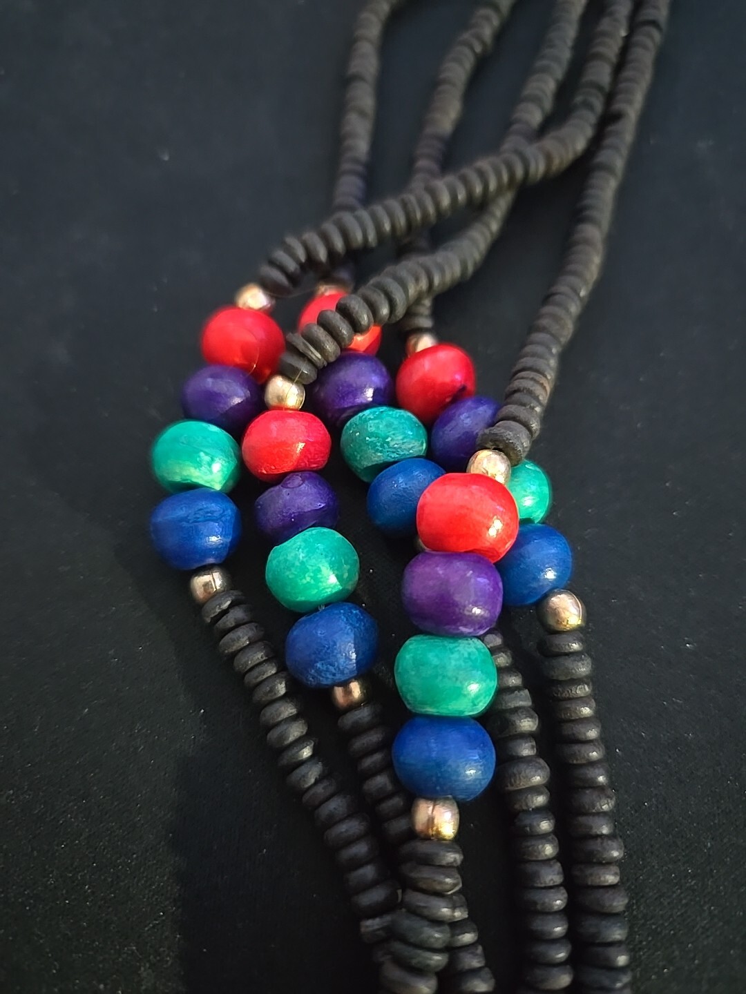 Beautiful Multicolor Tribal Beaded Necklace With Gold Tone Hook- Red Blue Green