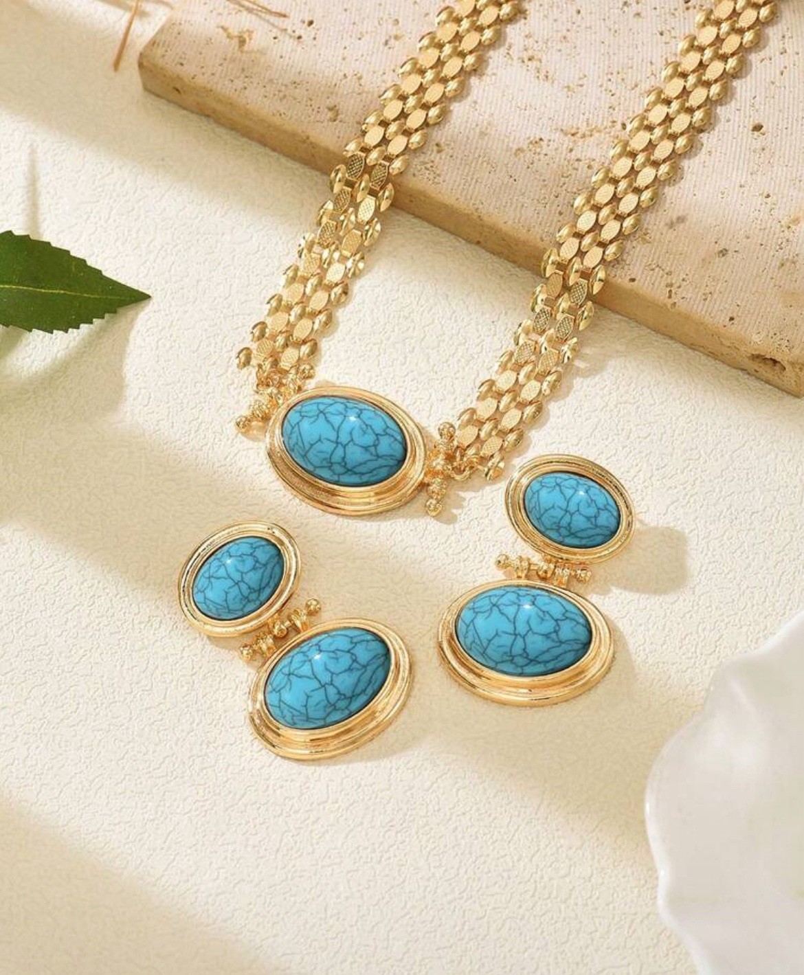 Turquoise Choker Necklace Earring Set Gold Plated