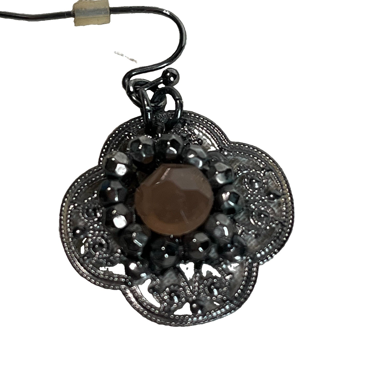 Gunmetal Tone Filigree Medallion Earrings Pendant Dangle Drop Pink & Gray Stones