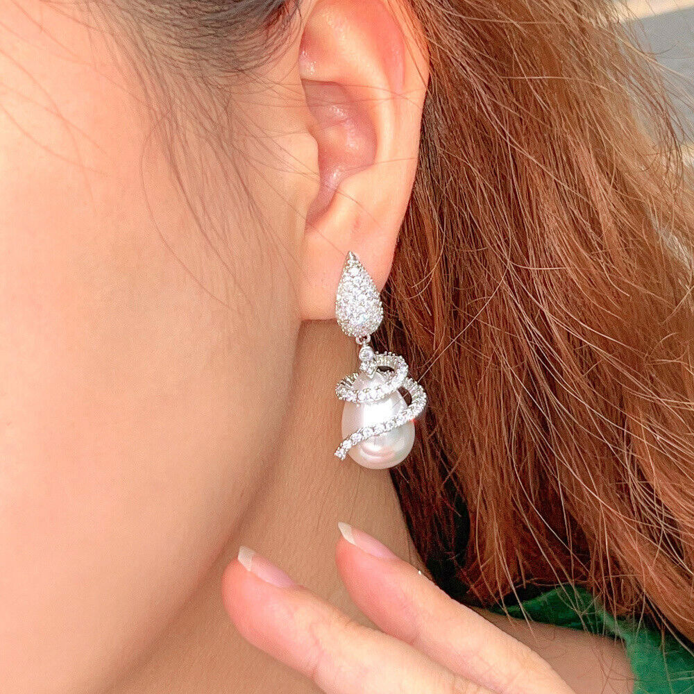 Silver Plated White Symmetrical Rotating CZ Drop Dangle Pearl Earrings for Women