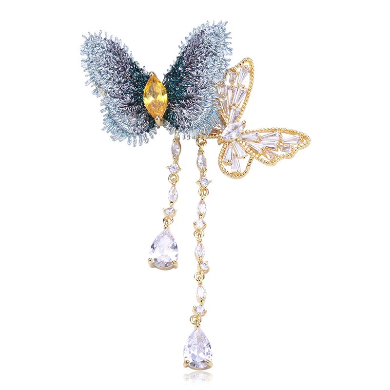 Elegant Embroidered Fabric Zircon Fringe Butterfly Brooch Fashion Suit Pin