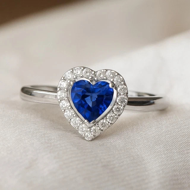 Heart Blue Sapphire Simulated Diamond White Gold PLated September Birthstone