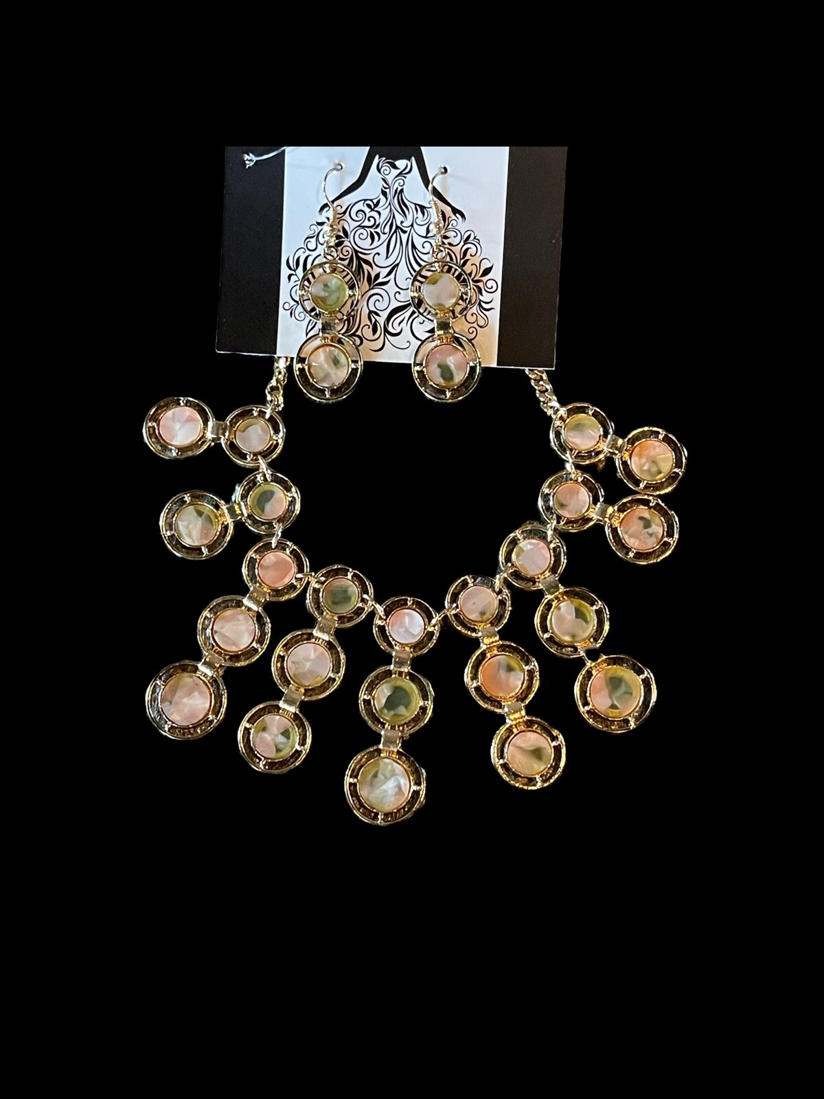 Art Deco Pink Green Gold Round Dangle Stacked Nacre Necklace Earring Set D8