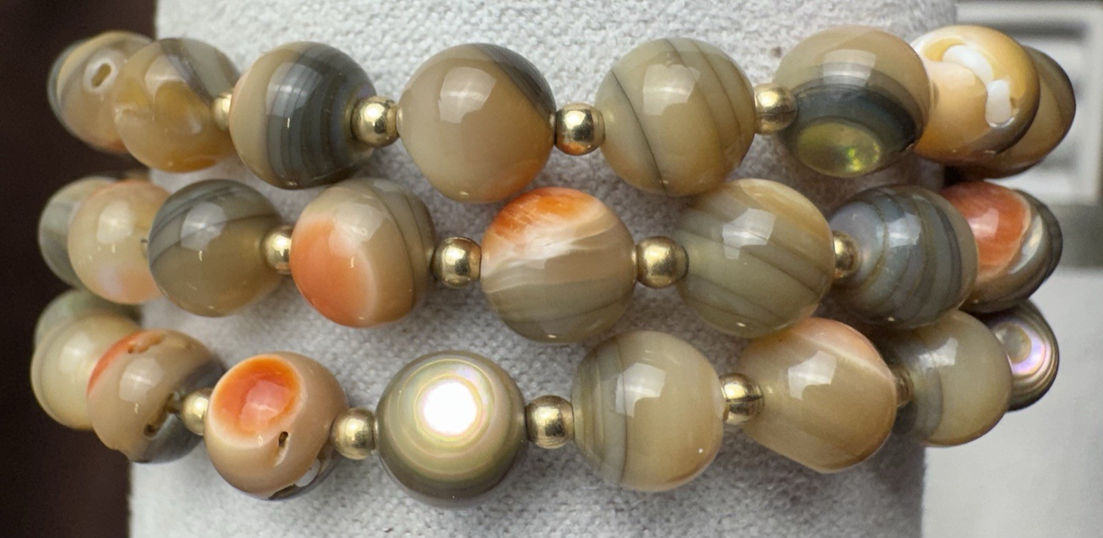 Botswana Banded Agate Bead Necklace Earth tone Natural Stone 1/20 14k Gold