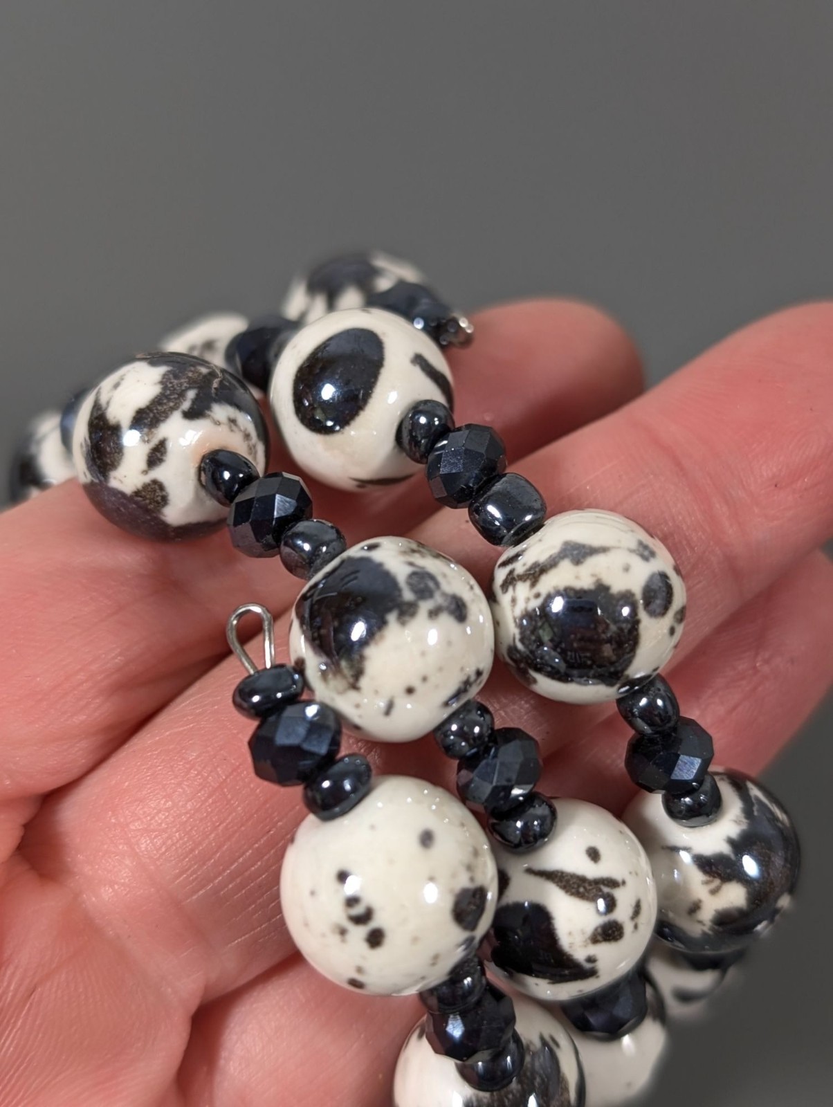 Dalmatian White Gray Ceramic & Hematite Beaded Wrap Bracelet