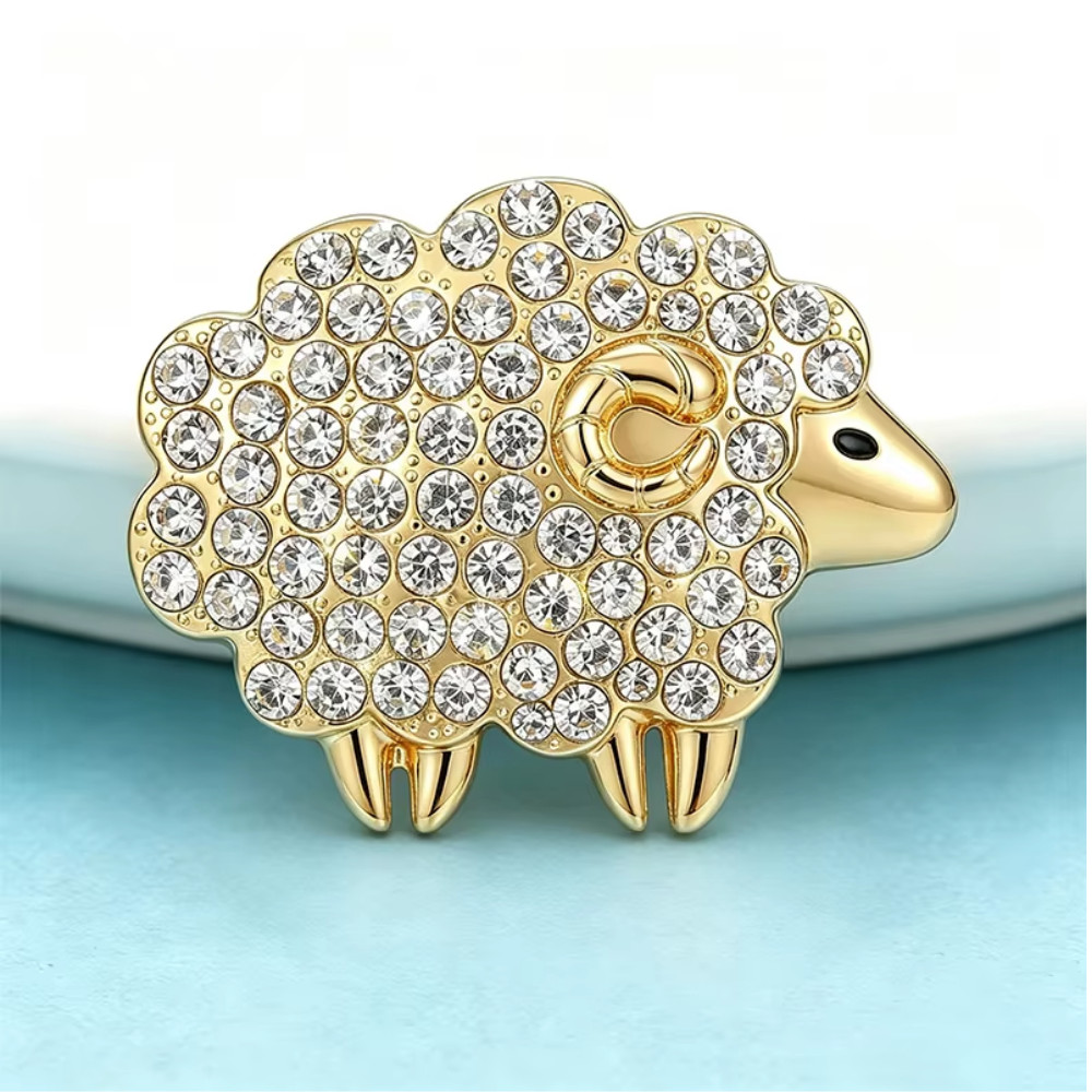 Vintage Crystal Sheep Brooch Pin Gold Tone Rhinestone Goat Animal Jewelry Gift