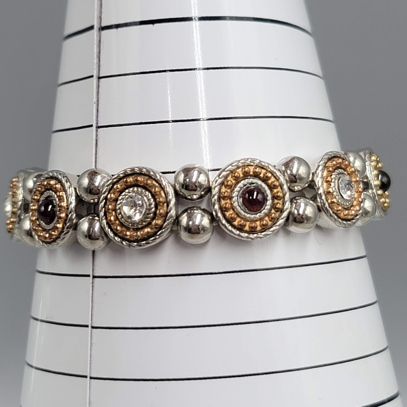 Clear Red Rhinestone Panel Elastic Bracelet Silver tone Gold tone 7″