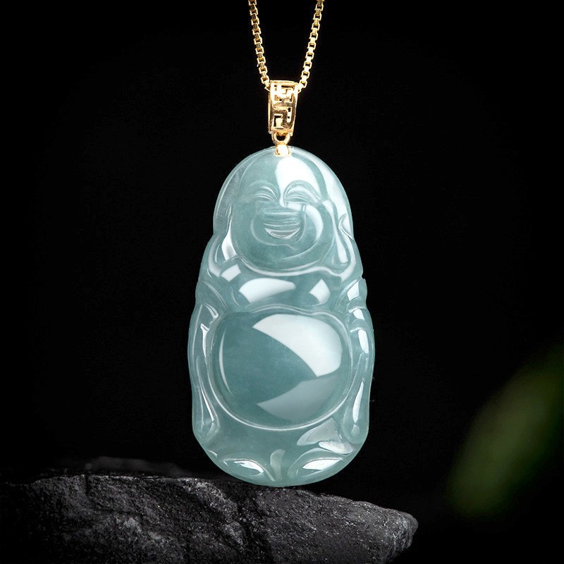 China Natural Jade Jadeite Carving Maitreya Buddha Blessing Pendant Necklace