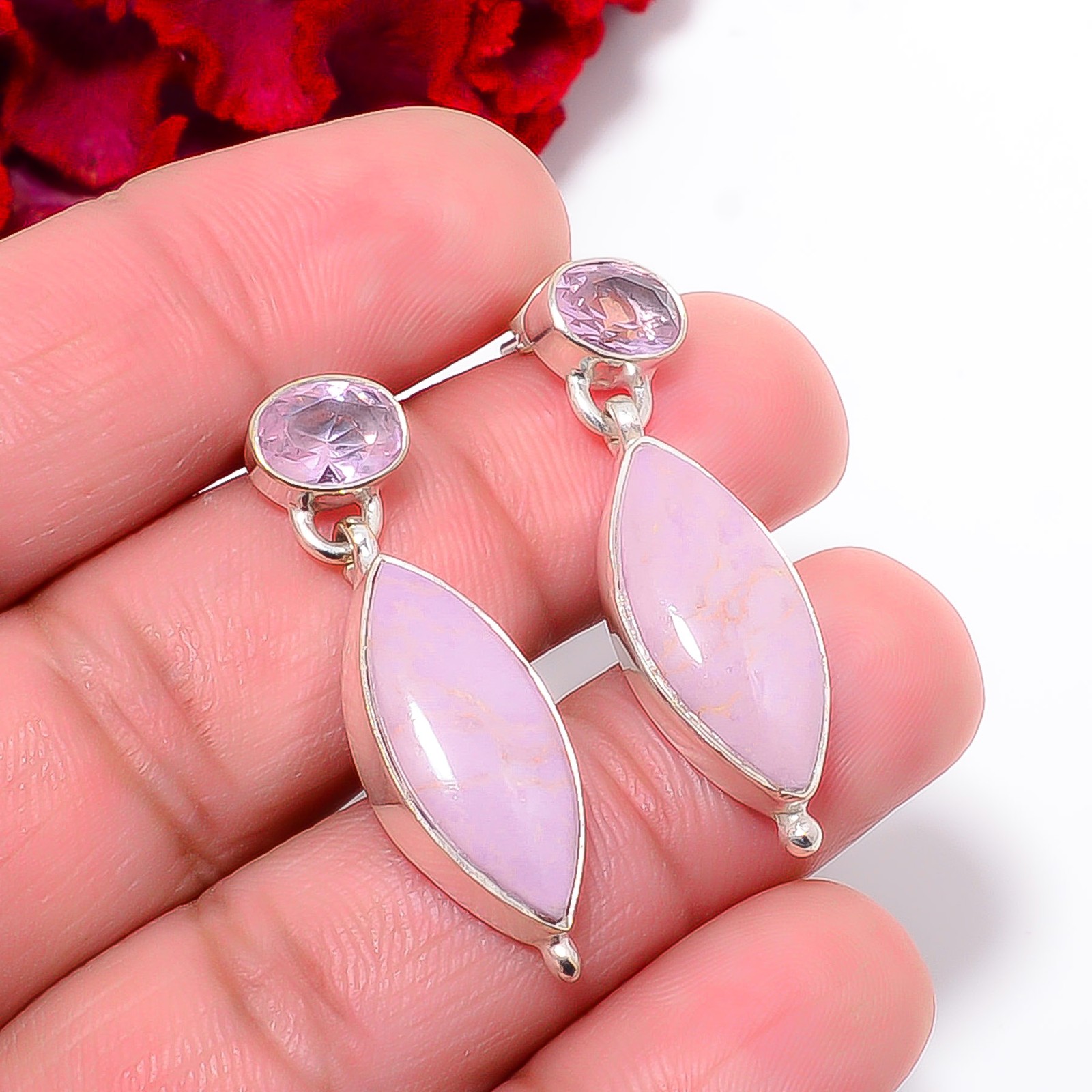 Phosphosiderite – Argentina & Pink Kunzite 925 Sterling Silver Earring 1.37″ E30