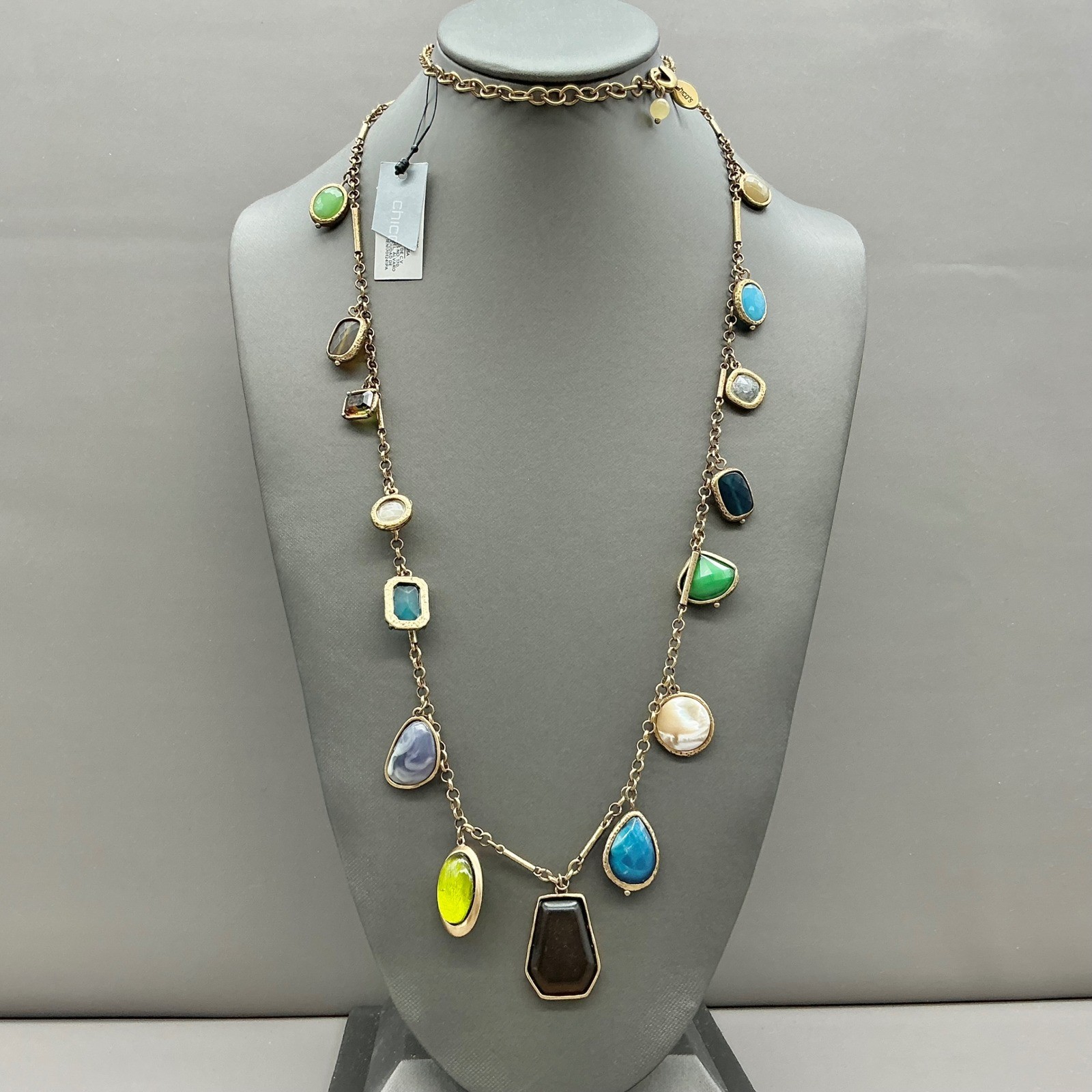Chico’s Necklace Gold Tone Multicolor Faux Stone Station Chain Statement 34″