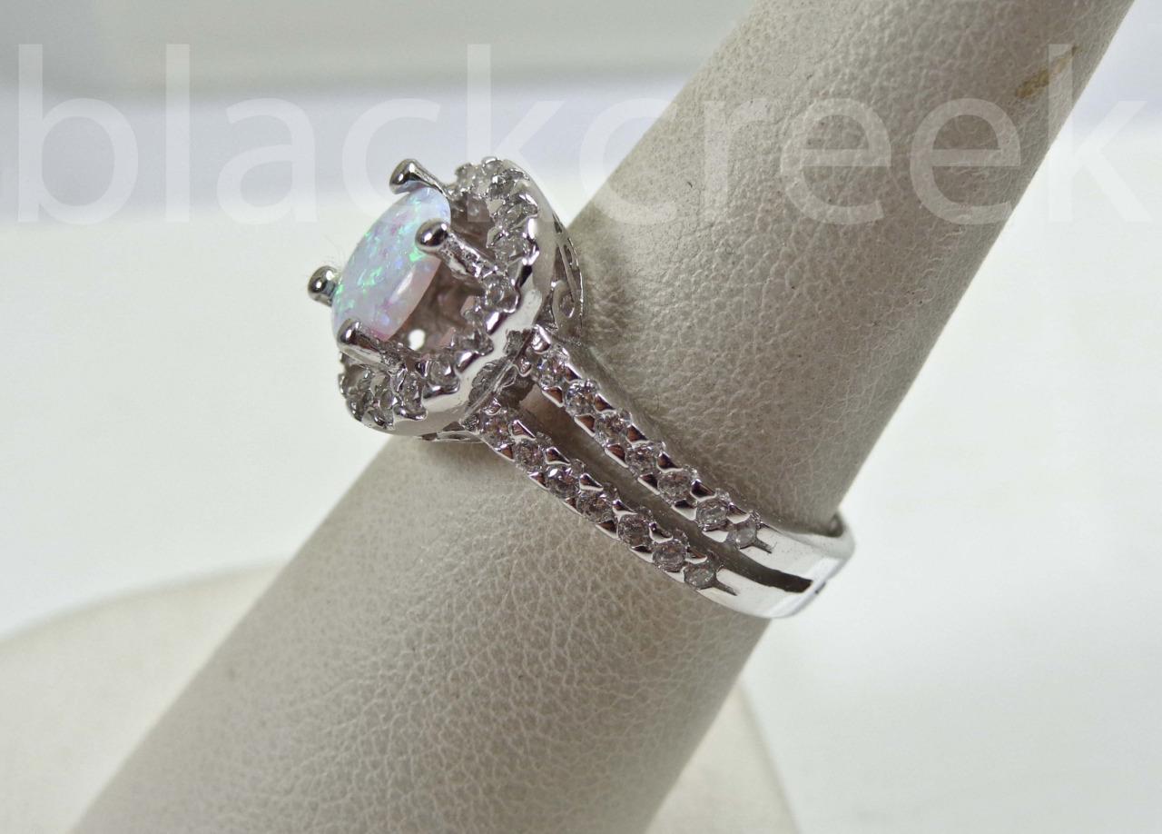 925 Sterling Silver Round White Fire Opal Micro Pave Ring size 4/5/6/7/8/9/10