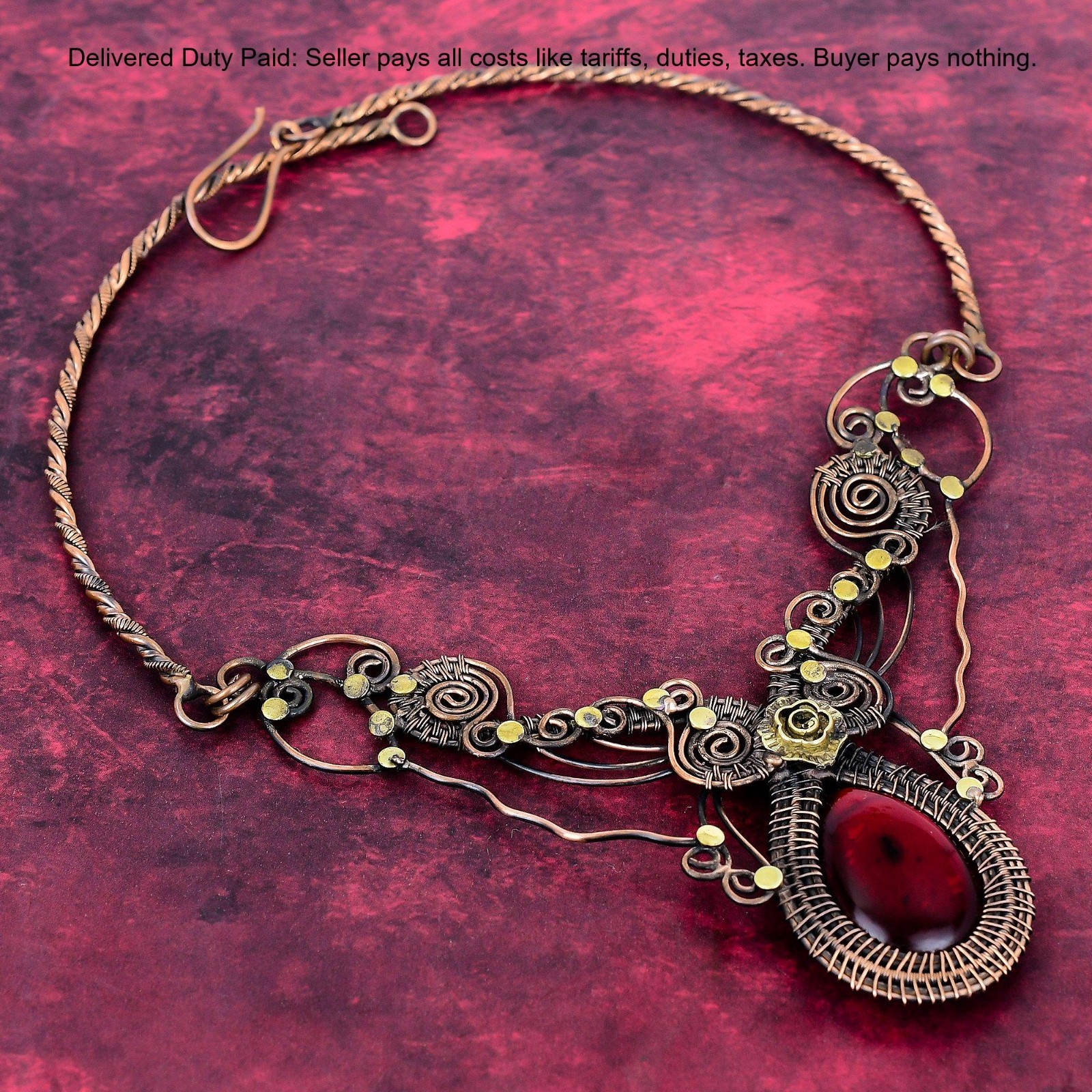 Red Fire Labradorite Gemstone Necklace Copper Wire Wrapped Adjustable Necklace